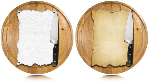 Two notebooks for recipes or menu on used wooden cutting boards and kitchen knife