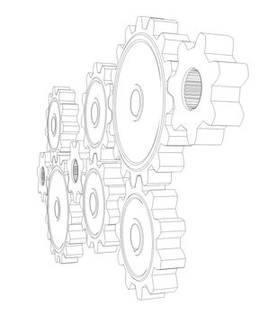 Wire frame gears. 3d rendering on white background