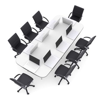 Laptops on the office round table and chairs. Isolated render on a white background