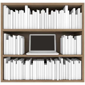 Bookshelf and laptop. 3d render isolated on white background