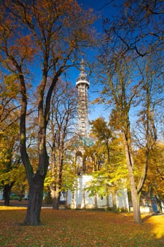 Lookout tower on Petrin Hill in autumn in Prague