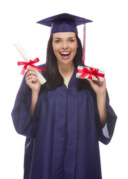 Happy Female Graduate with Diploma and Stack of Gift Wrapped Hundred Dollar Bills Isolated on a White Background.