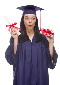 Happy Female Graduate with Diploma and Stack of Gift Wrapped Hundred Dollar Bills Isolated on a White Background.