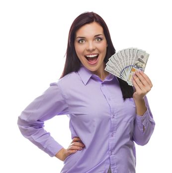 Excited Mixed Race Woman Holding the Newly Designed United States One Hundred Dollar Bills Isolated on a White Background.