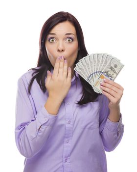 Excited Mixed Race Woman Holding the Newly Designed United States One Hundred Dollar Bills Isolated on a White Background.