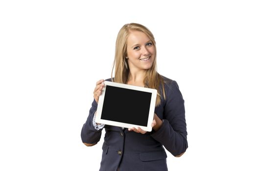 Young blond woman in business dress holding a tablet computer, isolated on white background