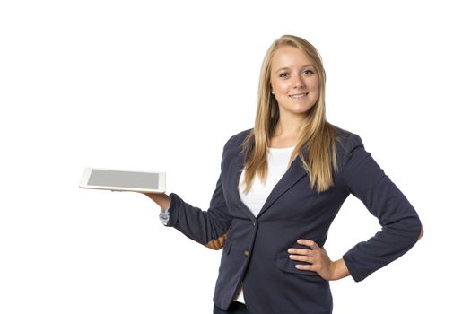 Young blond woman in business dress holding a tablet computer, isolated on white background