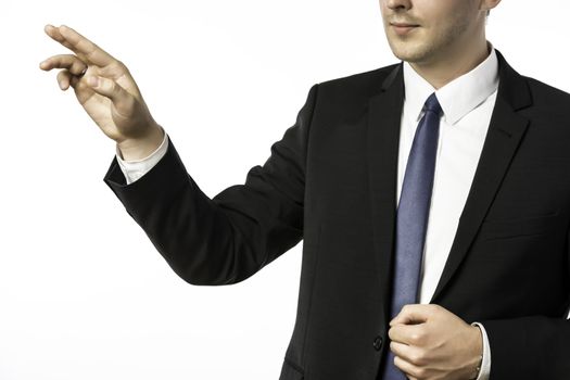 Closeup businessman in black suit holding his right hand up, isolated on white background