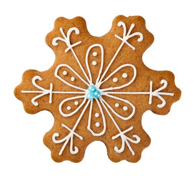 Gingerbread snowflake isolated on white background. Christmas cookie