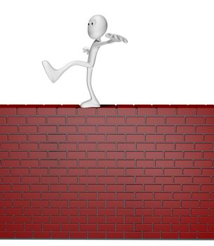 cartoon guy balances on brick wall - 3d illustration