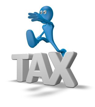 cartoon guy jumps over the word tax - 3d illustration