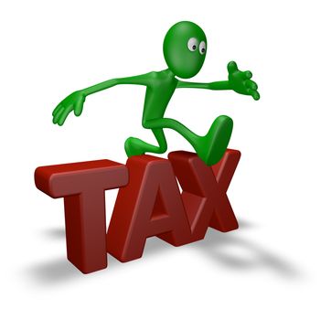 cartoon guy jumps over the word tax - 3d illustration
