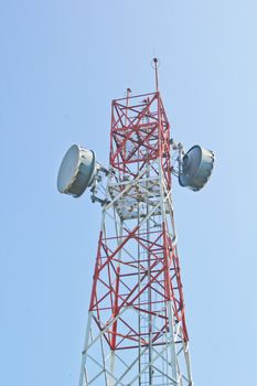 White-red telephone pole with blue sky