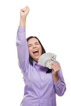 Excited Mixed Race Woman Holding the Newly Designed United States One Hundred Dollar Bills Isolated on a White Background.