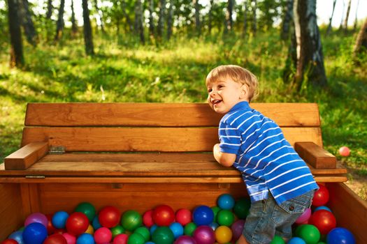 Happy child playing at colorful plastic balls playground high view