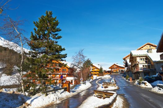 Mountain ski resort with snow in winter, Meribel, Alps, France