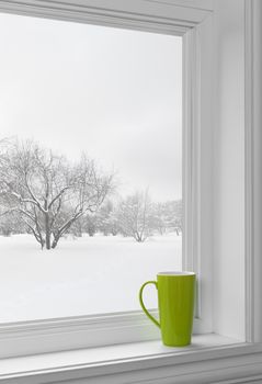 Green cup on a windowsill, with winter landscape seen through the window.