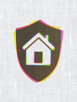 Protection concept: CMYK Shield on linen fabric texture background, 3d render