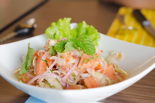  spicy salmon salad with  mixed  vegetable , asian spicy food