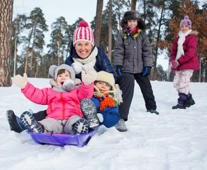 Four kids with mother is sledging in winter-landscape