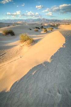 Death Valley dunes california at sunset with montain view