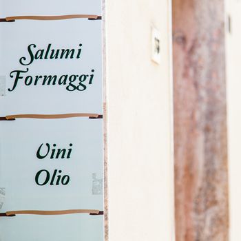Tuscany region, Italy. A signboard with a list of Italian tipical foods