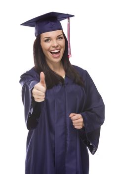 Happy Graduating Mixed Race Female Wearing Cap and Gown with Thumbs Up Isolated on a White Background.
