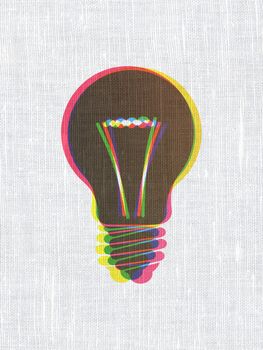 Business concept: CMYK Light Bulb on linen fabric texture background, 3d render