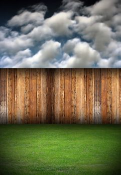 beautiful natural backdrop resembling home garden, with fence and green grass