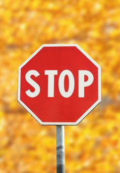 red stop traffic sign over autumnal forest background