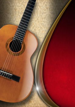 Acoustic Guitar on beige texture with ornate floral seamless with gold metal wave and red velvet background