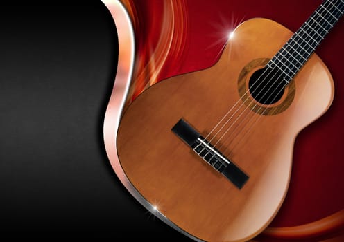 Acoustic Guitar on red velvet with metal wave and black background