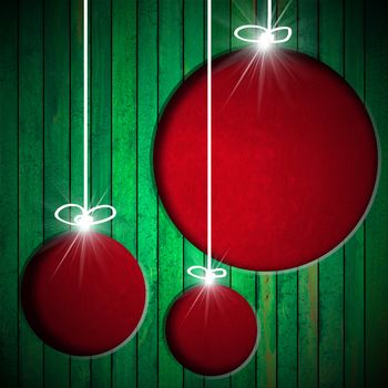 Green grunge wooden wall with holes in the shape of Christmas balls with red velvet background
