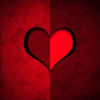 Red velvet roses background with a hole in the shape of heart with stylized heart