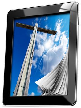 Tablet computer with pages and monitor with wooden high cross with blue sky, clouds and reflection
