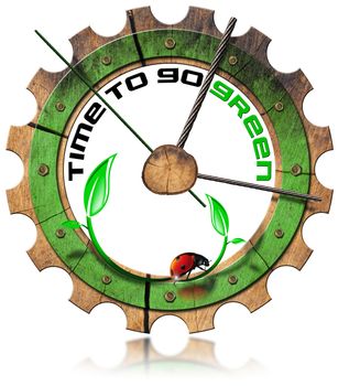 Wooden clock gear-shaped with written time to go green, leaves and ladybug