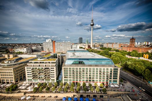 Aerial bird eye view of the cityscape of Berlin, Germany on the clear summer day