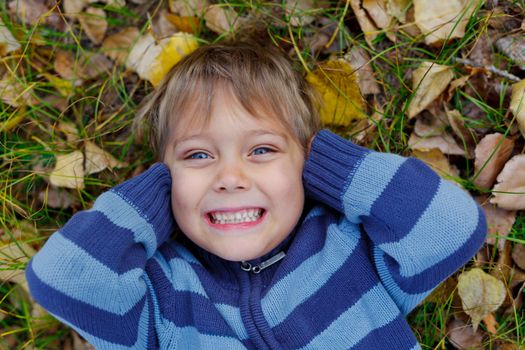 Portrait of happy boy lying on autumnal ground covered with dry leaves
