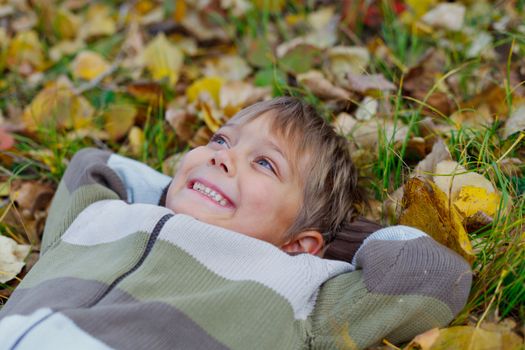 Portrait of happy boy lying on autumnal ground covered with dry leaves