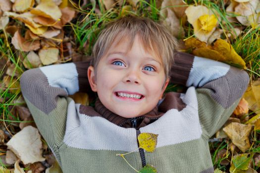 Portrait of happy boy lying on autumnal ground covered with dry leaves