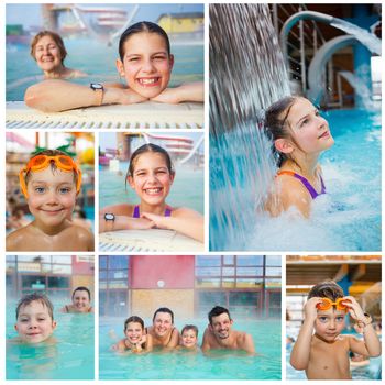Collage of images happy family of four relaxing in termal swimming pool