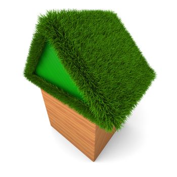 House with green roof made of wooden cubes isolated on white background