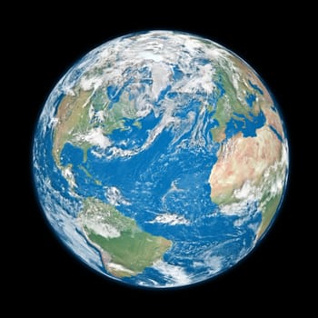 Blue planet Earth with clouds isolated on black background. Elements of this image furnished by NASA.