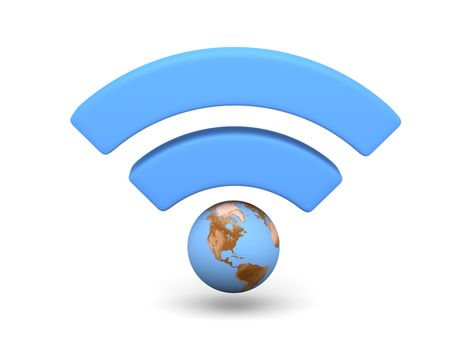 Blue WiFi symbol with planet Earth isolated on white background. Elements of this image furnished by NASA.