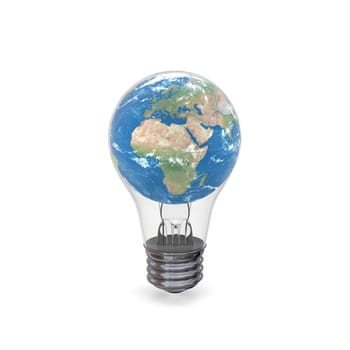 Planet Earth inside lightbulb isolated on white background
