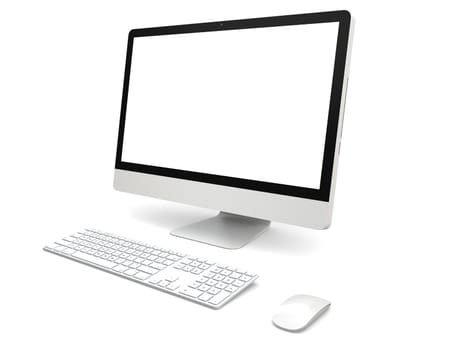 Modern desktop computer with white blank screen isolated on white background