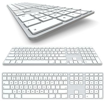 Computer keyboard isolated on white background. Top view, frontal view and close up.