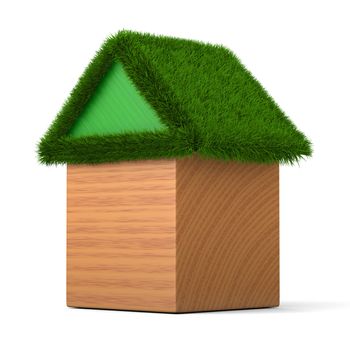 House with green roof made of wooden cubes isolated on white background