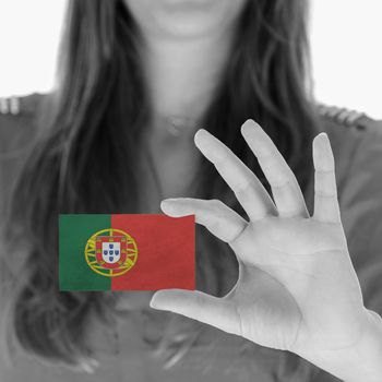 Woman in showing a business card, Portugal