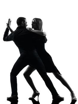 one caucasian couple woman man dancing dancers salsa rock  in silhouette studio isolated on white background